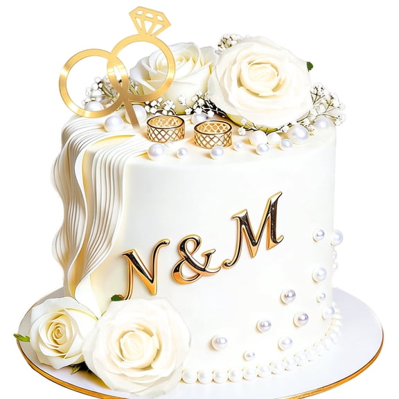 Eternal Vow Wedding Cake Decorations Set - Bridal Gold Ring Topper with White Roses for Romantic Celebrations