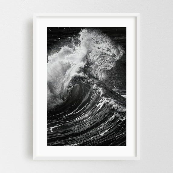 Eternal Wave - Photography Waves Ocean Black and White Abstract Seascape Coast Nature White Framed Wall Art Print 16 x 24 inches