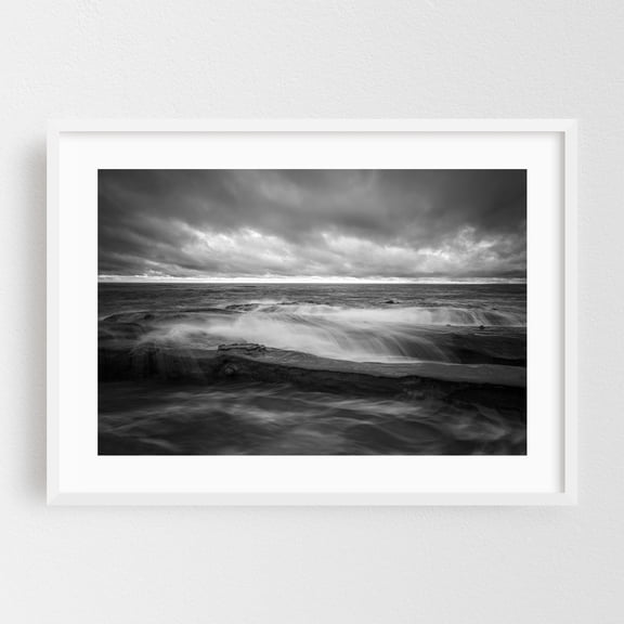 Eternal Waves - A Monochrome - San Diego California Photography Black and White Ocean Seascape Waves Coast Nature Scenic White Framed Wall Art Print 24 x 36 inches