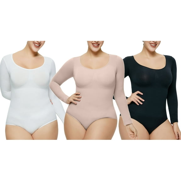 Eternatastic 3 pcs Long Sleeve Body Suits for Womens Tummy Control Shapewear Round Neck Body Suit