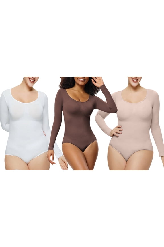 3 pcs Long Sleeve Body Suits for Womens Tummy Control Shapewear Round Neck Body Suit