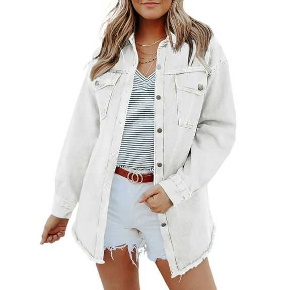 Eternatastic Frayed Hem Button Down Shacket Pocketed Long Sleeve Denim Jacket For Women Plus Size S White Female