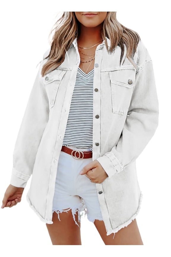 Frayed Hem Button Down Shacket Pocketed Long Sleeve Denim Jacket For Women Plus Size S White Female