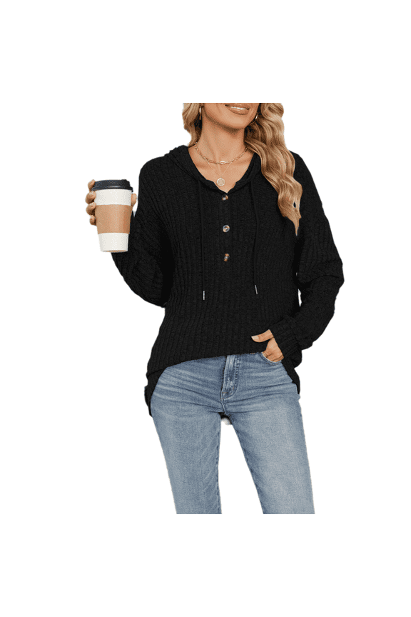 Hooded Button Collar Drawstring Pullover Sweatshirts Casual Long Sleeve Tops Ribbed Knit Shirts