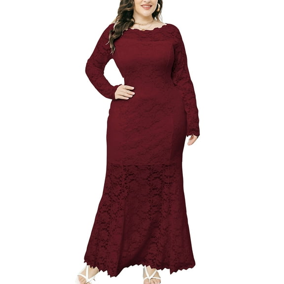 Eternatastic Lace Floral Fishtail Dresses For Women Midi Bodycon 3XL Burgundy