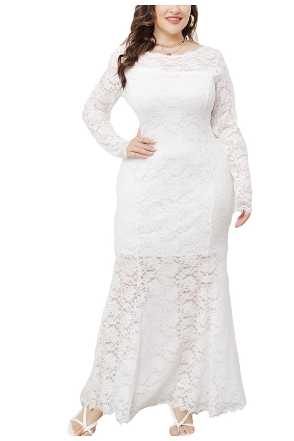 Lace Floral Fishtail Dresses For Women Midi Bodycon 5XL White