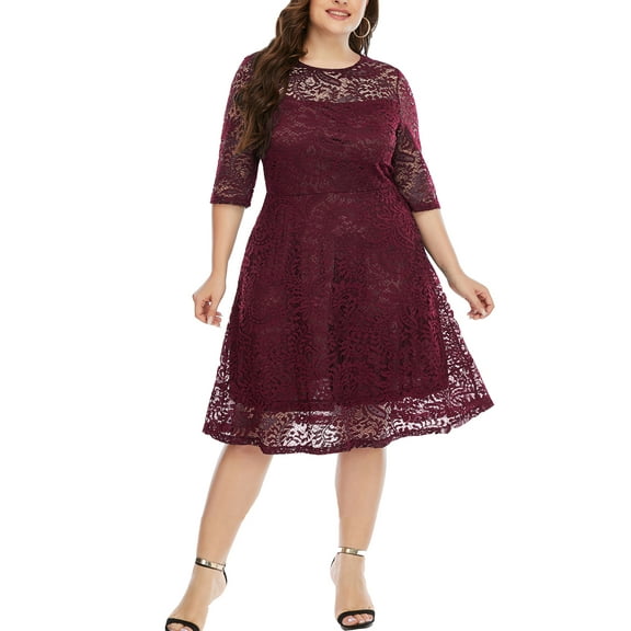 Eternatastic Lace Floral Half Sleeve Round Neck Cocktail Party Midi Dress Women Plus XXL Burgundy