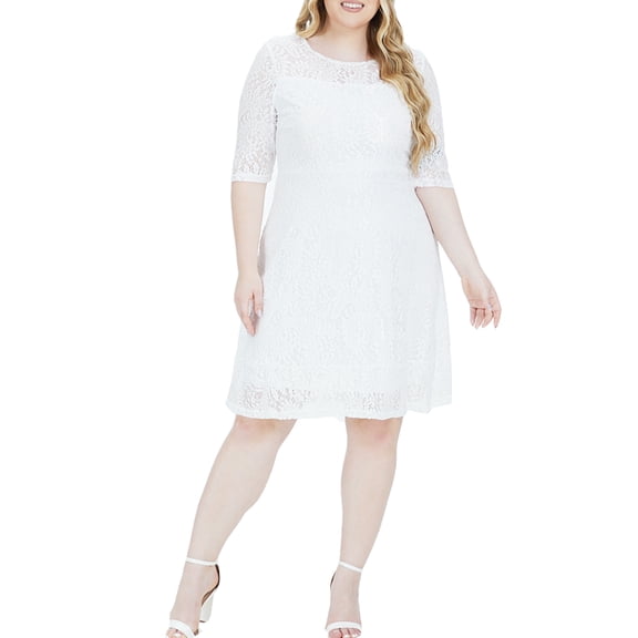 Eternatastic Lace Floral Half Sleeve Round Neck Cocktail Party Midi Dress Women Plus XXL White