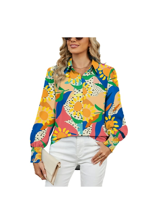Women 2024 Loose V-Neck Shirts Paisley Print Lantern Sleeve Blouse Tops Button Down Blouses