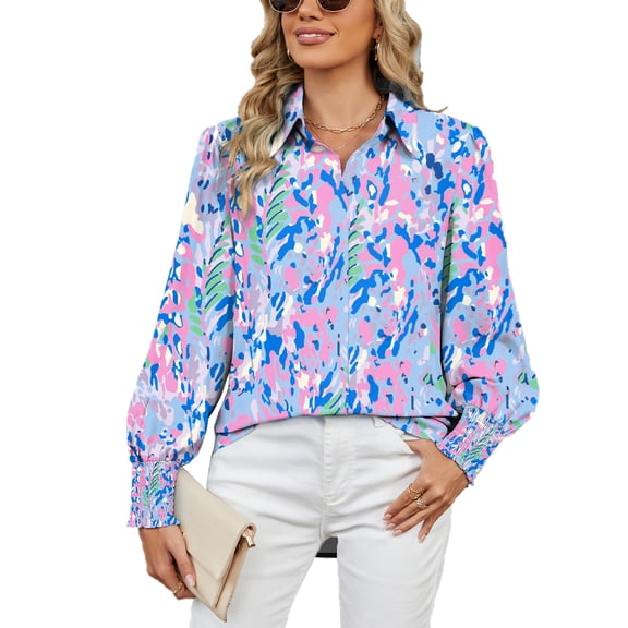 Eternatastic Women 2024 Loose V-Neck Shirts Paisley Print Lantern Sleeve Blouse Tops Button Down Blouses