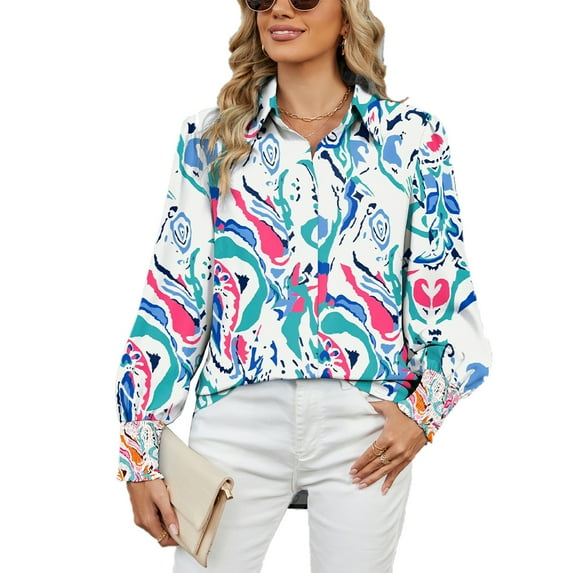 Eternatastic Women 2024 Loose V-Neck Shirts Paisley Print Lantern Sleeve Blouse Tops Button Down Blouses