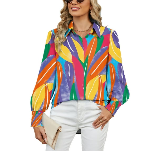 Eternatastic Women 2024 Loose V-Neck Shirts Paisley Print Lantern Sleeve Blouse Tops Button Down Blouses