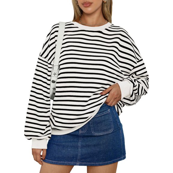 Eternatastic Women Color Block Striped Oversized Sweatshirt Crew Neck Long Sleeve Shirt Casual Pullover Top Y2K Clothes