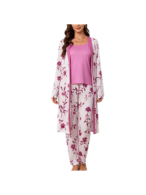 Women Floral 3 Piece Pajama Sets Long Robe Cami Top & Pants Soft Lounge Sleepwear PJs Sets S Rose
