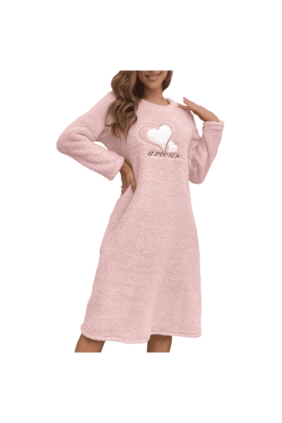 Women Long Sleeve Nightgown Fleece Dresses Thicken Plush Midi Dress Fuzzy Night Shirt Pullover Sweatshirt