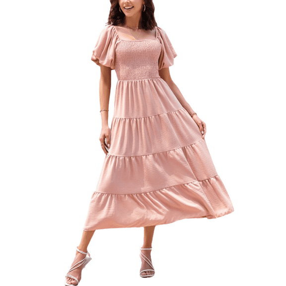 Eternatastic Women Puff Sleeve Square Neck Dresses High Waist A-Line Casual Backless Midi Dress