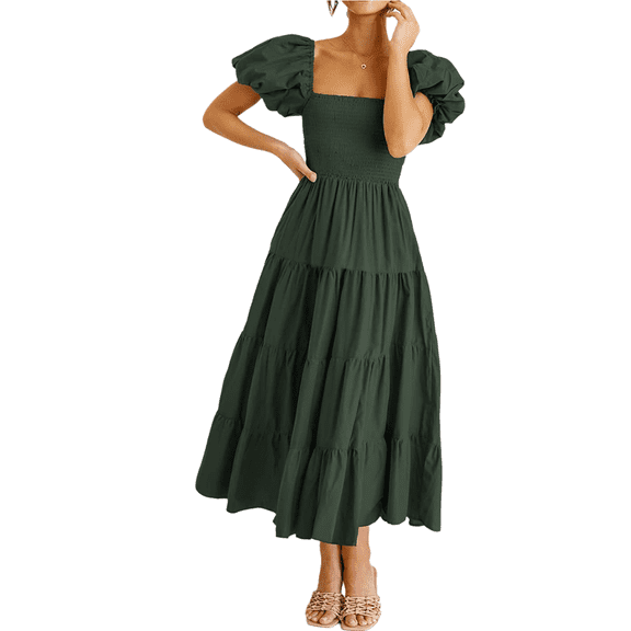 Eternatastic Women Puff Sleeve Square Neck Dresses High Waist A-Line Casual Backless Midi Dress