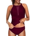 thumbnail image 1 of Eternatastic Women Two Piece Swimsuit High Neck Plunge Mesh Ruched tankini Bathing Suit S Deep Red, 1 of 4