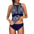 thumbnail image 1 of Eternatastic Women Two Piece Swimsuit High Neck Plunge Mesh Ruched tankini Swimwear XL Navy-Floral, 1 of 4