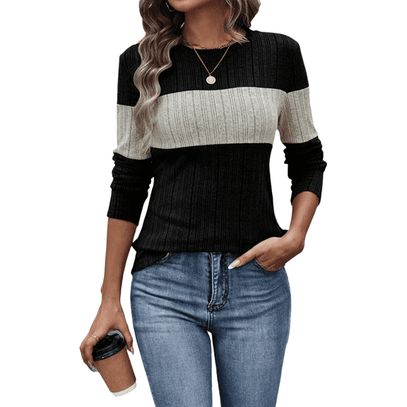 Eternatastic Women's Color Block Long Sleeve Tunics Tops Casual Round Neck Loose Shirts Blouses Pullover