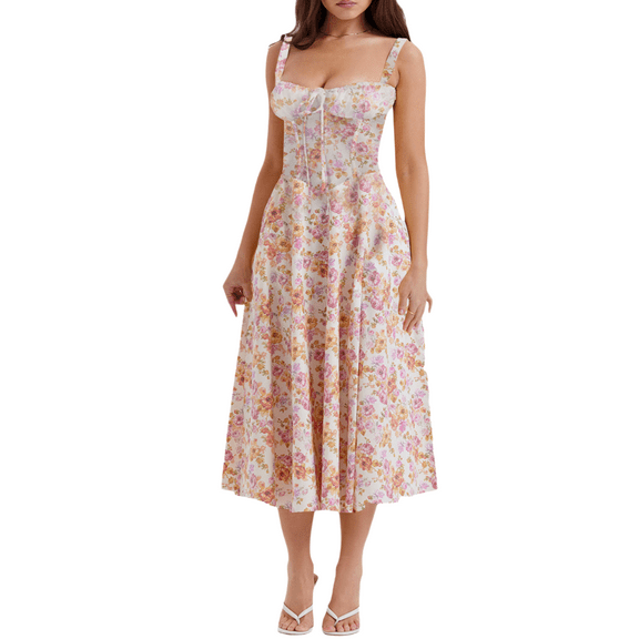 Eternatastic Women's Corset Dress Sleeveless Split Floral Printed Midi Dress French Style Beach Vacation Dress