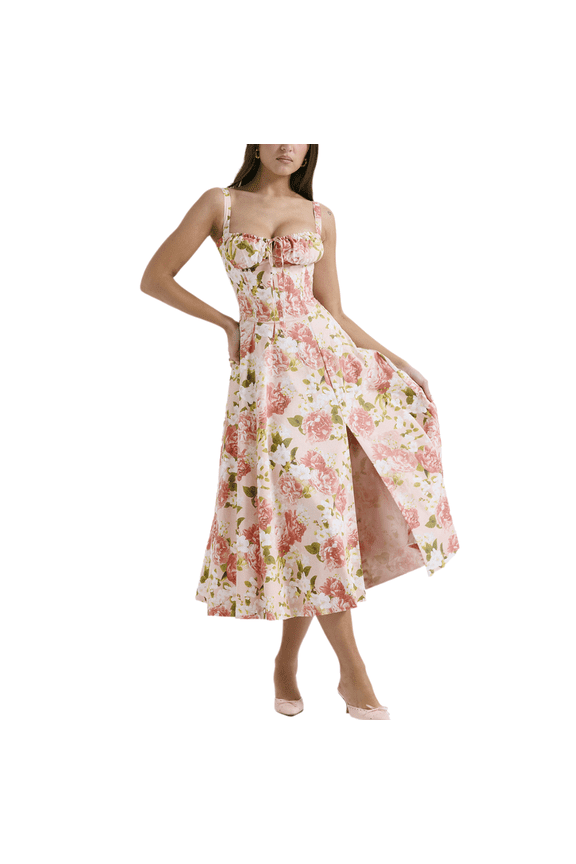 Women's Corset Dress Sleeveless Split Floral Printed Midi Dress French Style Beach Vacation Dress
