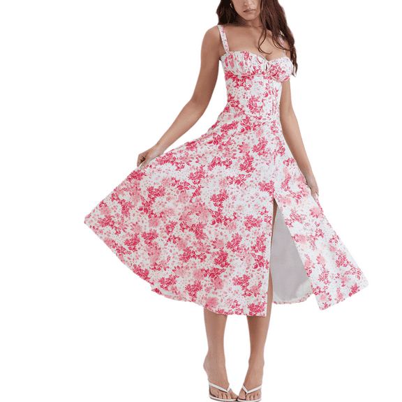 Eternatastic Women's Corset Dress Sleeveless Split Floral Printed Midi Dress French Style Beach Vacation Dress