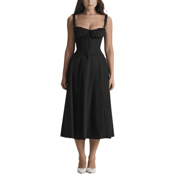 Eternatastic Women's Corset Dress Sleeveless Split Flowy Midi Dress French Style Spaghetti Strap Beach Vacation Dress L Black