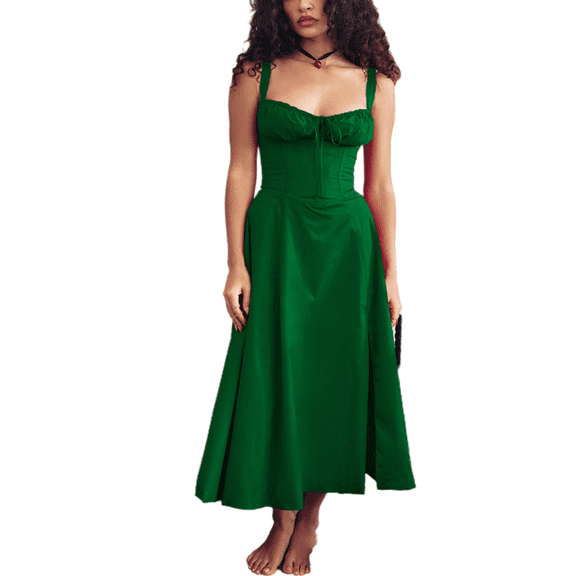 Eternatastic Women's Corset Dress Sleeveless Split Flowy Midi Dress French Style Spaghetti Strap Beach Vacation Dress L Green