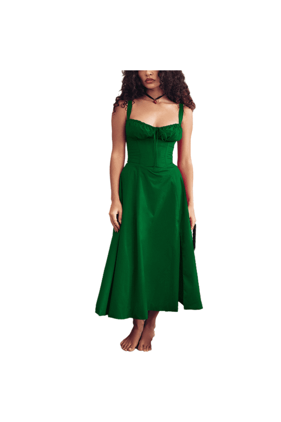 Women's Corset Dress Sleeveless Split Flowy Midi Dress French Style Spaghetti Strap Beach Vacation Dress L Green