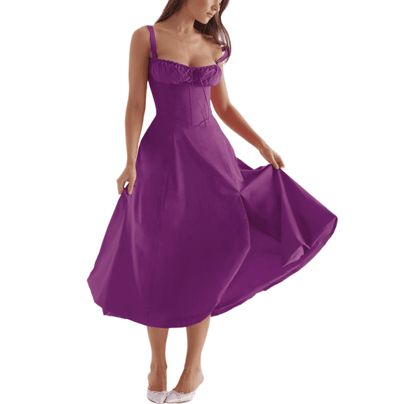 Eternatastic Women's Corset Dress Sleeveless Split Flowy Midi Dress French Style Spaghetti Strap Beach Vacation Dress S Purple