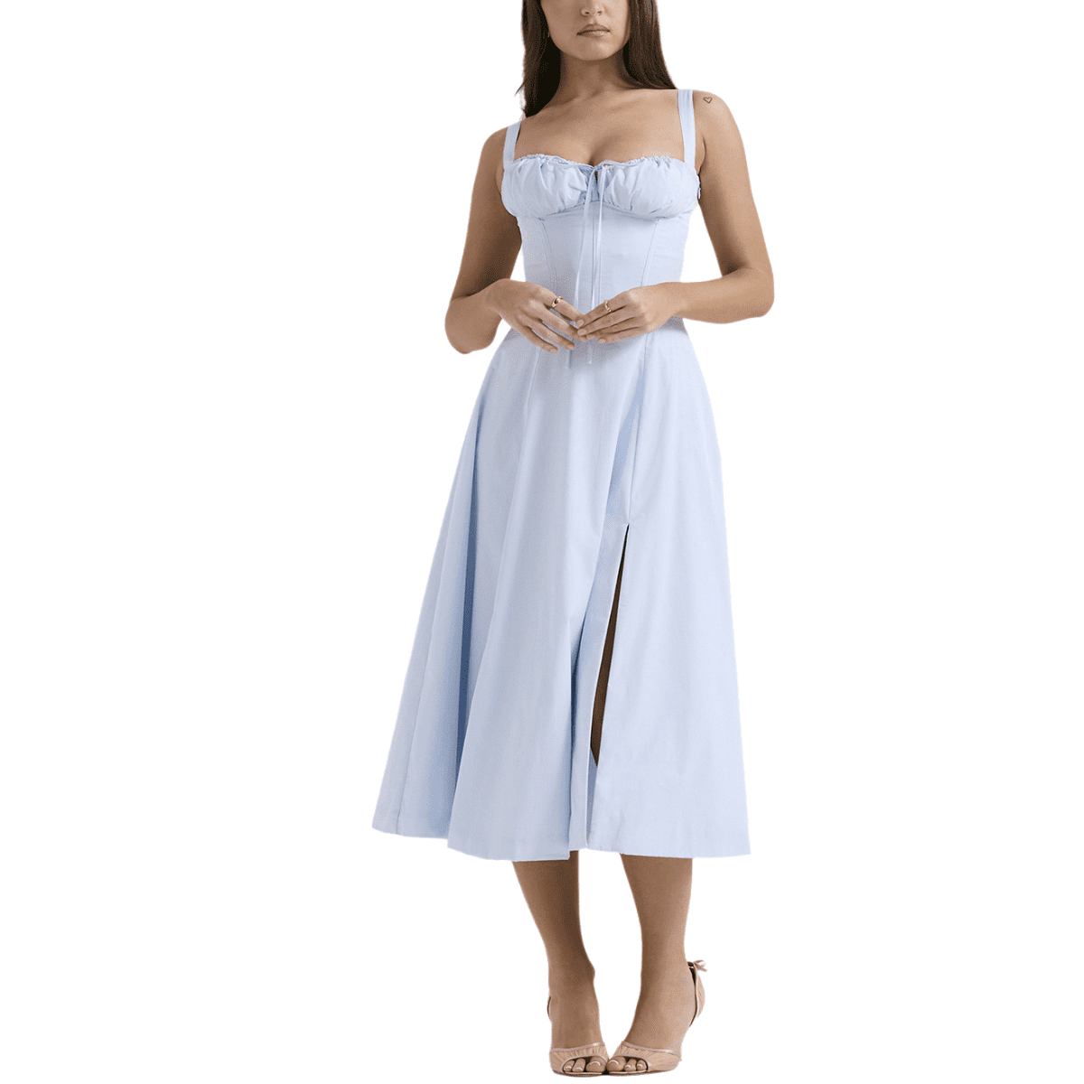 French Blue Floral Lace Spaghetti-Strap Beach Vacation Mermaid Midi Dress
