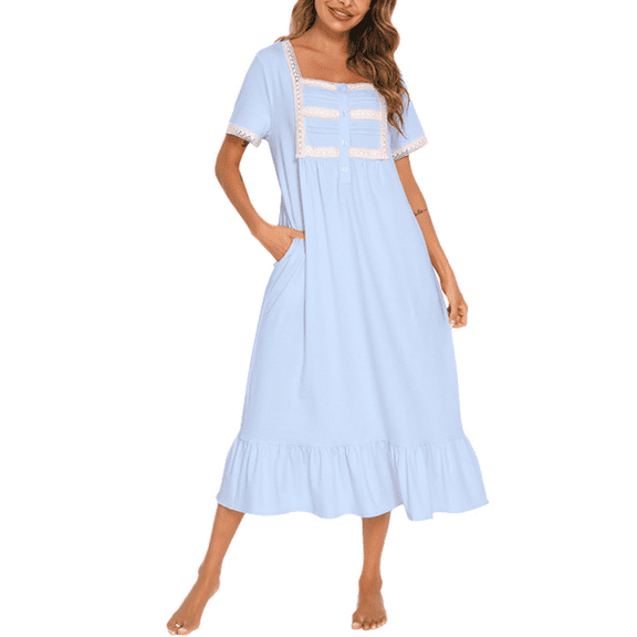 Eternatastic Women's Cotton Long Nightgown Square Neck Loungewear Short Sleeve Full Length Sleepwear with Pockets