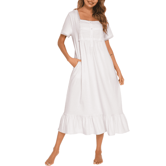 Eternatastic Women's Cotton Long Nightgown Square Neck Loungewear Short Sleeve Full Length Sleepwear with Pockets