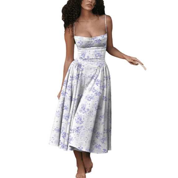 Eternatastic Women's Dance Dresses Retro Midi Dress Flowy Pleated Check & Floral Printed Party Cocktail Dress with Pockets