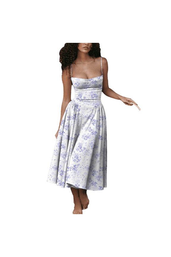 Women's Dance Dresses Retro Midi Dress Flowy Pleated Check & Floral Printed Party Cocktail Dress with Pockets