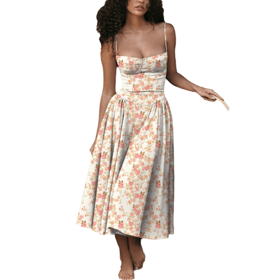 Eternatastic Women's Dance Dresses Retro Midi Dress Flowy Pleated Check & Floral Printed Party Cocktail Dress with Pockets