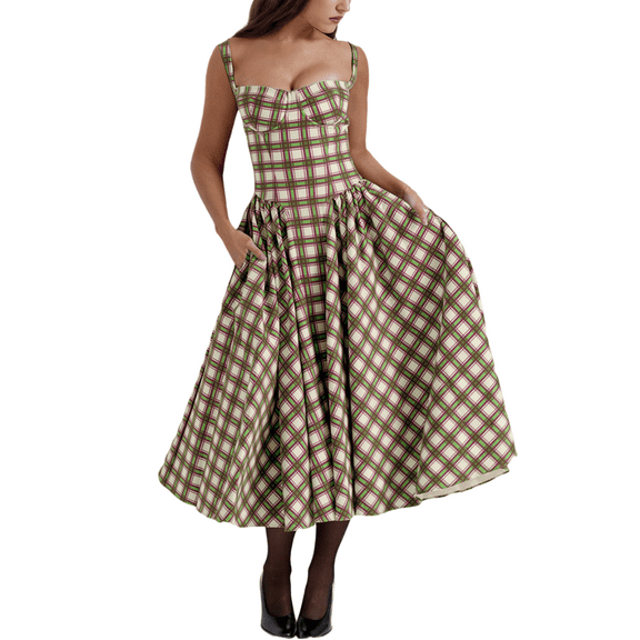 Eternatastic Women's Dance Dresses Retro Midi Dress Flowy Pleated Check & Floral Printed Party Cocktail Dress with Pockets