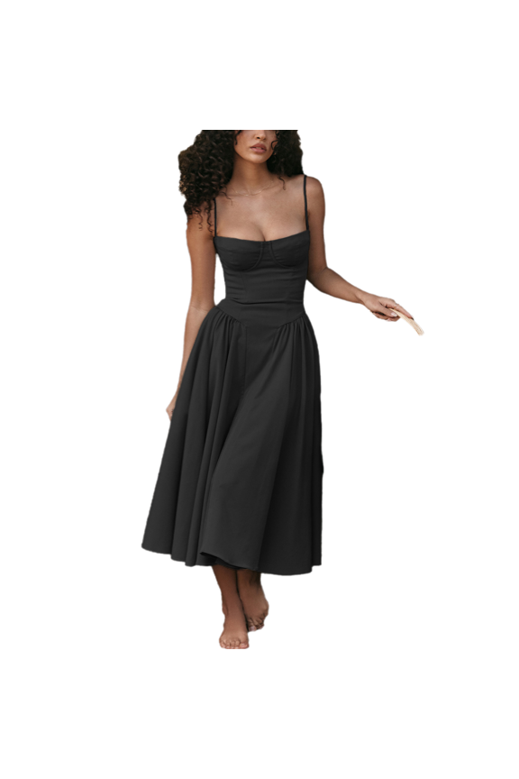 Women's Dance Dresses Retro Midi Dress Flowy Pleated Spaghetti Strap Party Cocktail Dress with Pockets