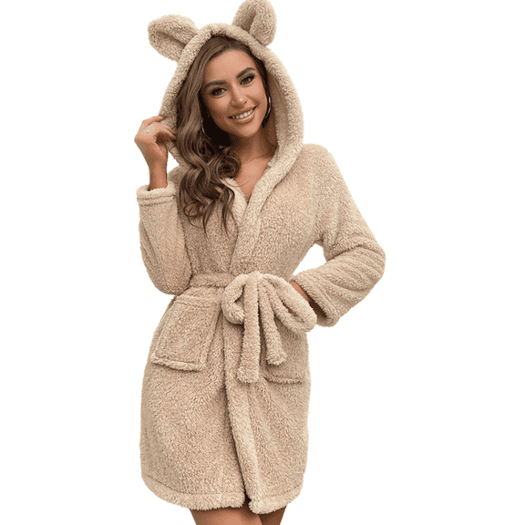 Eternatastic Women's Fleece Hooded Bathrobe Plush Spa Robe Cute Rabbit Ears Soft Warm House Coat with Pockets