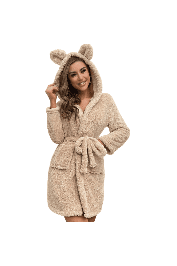 Women's Fleece Hooded Bathrobe Plush Spa Robe Cute Rabbit Ears Soft Warm House Coat with Pockets
