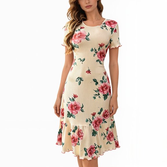 Eternatastic Women's Floral Print Short Sleeve Nightgown Ribbed House Dresses Crew Neck Loungewear Sleep Dress Nightshirt M Beige