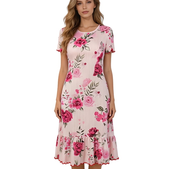 Eternatastic Women's Floral Print Short Sleeve Nightgown Ribbed House Dresses Crew Neck Loungewear Sleep Dress Nightshirt XL Pink