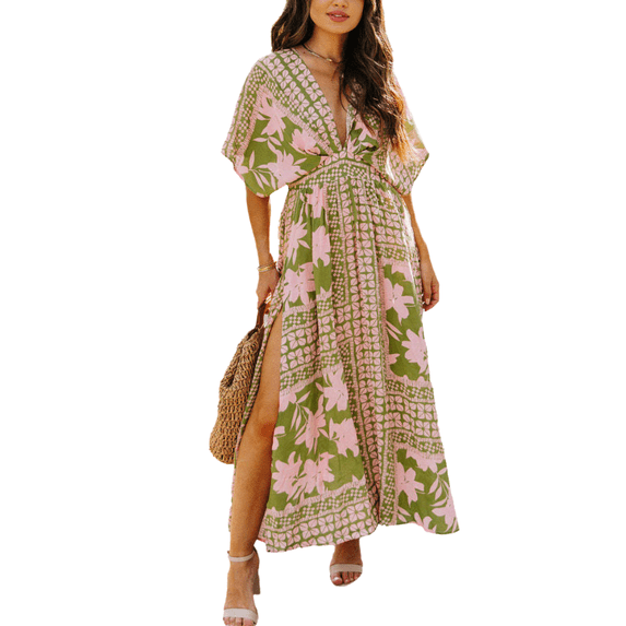 Eternatastic Women's High Waist Long Dress Floral Printed High Split Beach Vacation Flowy Maxi Dress XXL Green