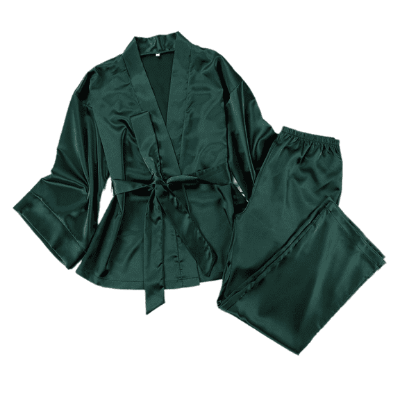 Eternatastic Women's Long Sleeve Satin Silk Pajama Set Belted Sleepwear Silky Pj Sets Nightwear Pjs Loungewear