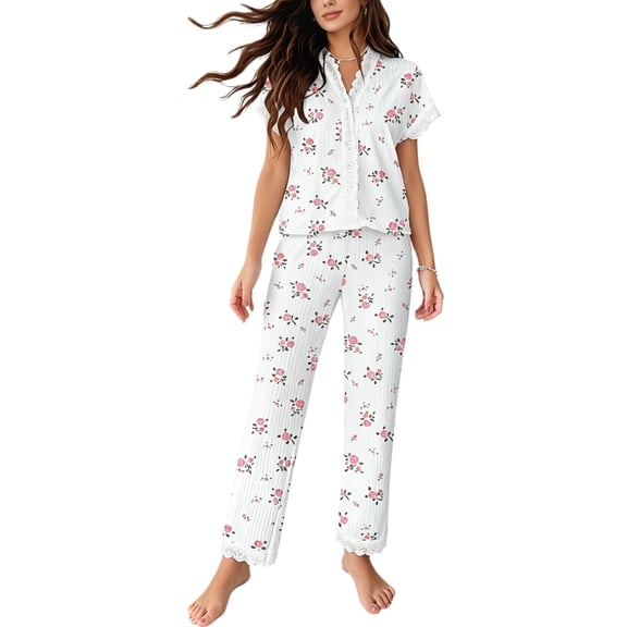Eternatastic Women's Pajamas Set Short Sleeve Lace Trim V-Neck Top & Long Pants Loungewear Ribbed Sleepwear S Floral Print
