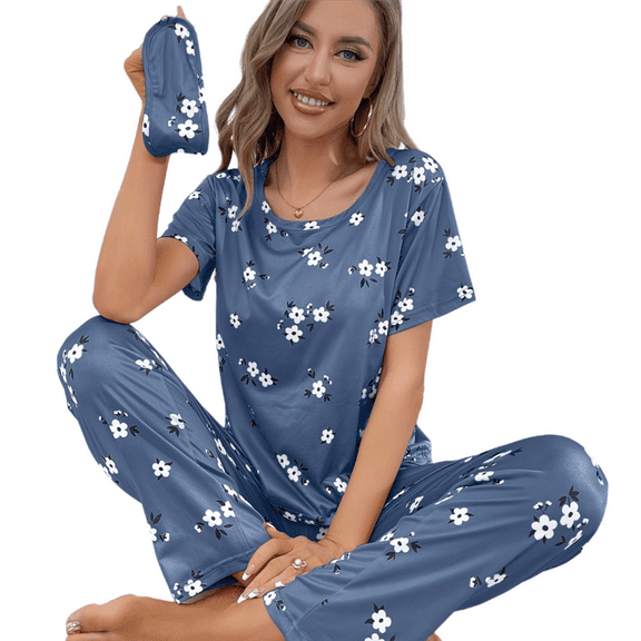 Eternatastic Women's Round-neck Sleepwear Short Sleeves Top with Pants Pajama Set Eye Mask Small Blue