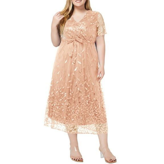 Eternatastic Women's V Neck Short Sleeve Sequin Wedding Dress Bridesmaid Cocktail Dress Plus Size XL Beige