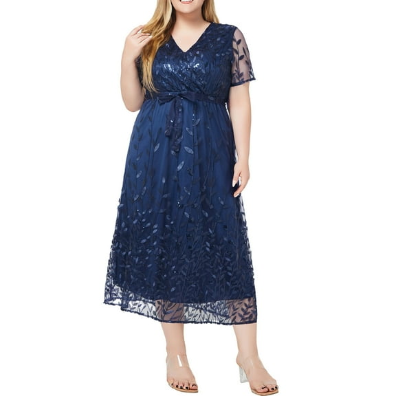 Eternatastic Women's V Neck Short Sleeve Sequin Wedding Dress Bridesmaid Cocktail Dress Plus Size XL Dark Blue