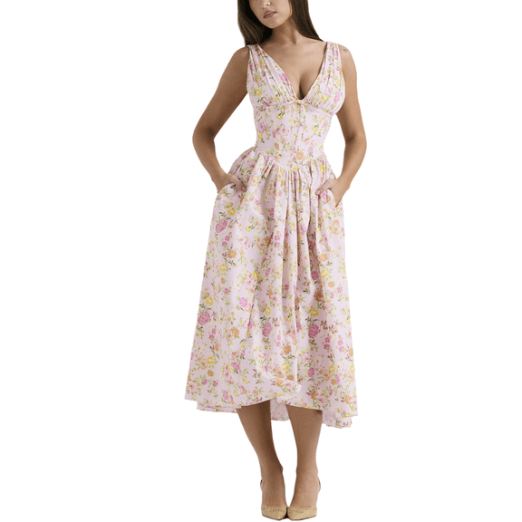 Eternatastic Women's V-Neck Sleeveless Floral Printed Midi Dress for Wedding Guest Graduation Party Ladies Beach Sundress Dresses with Pockets